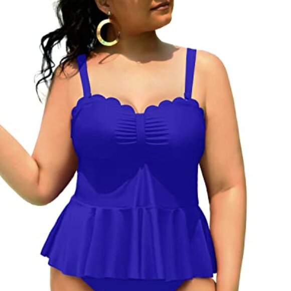YONIQUE ROYAL BLUE PEPLUM HEM SCALLOPED EDGE CUT-OUT TANKINI TOP SIZE 20W NWT - Picture 1 of 8